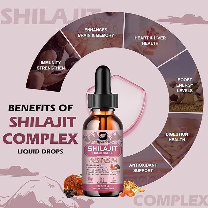 Shilajit Resin Liquid Drops for Men and Women with Ashwagandha, Turmeric, Ginseng, Chaga, 85+ Trace Minerals Fulvic Acid Shilajit Complex for Digestion Support, Energy Booster - Vegan
