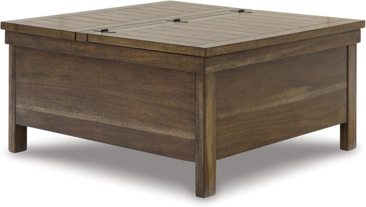 Signature Design by Ashley Moriville Rustic Hinged and Lift Top Cocktail Table with Hidden Storage, Light Brown