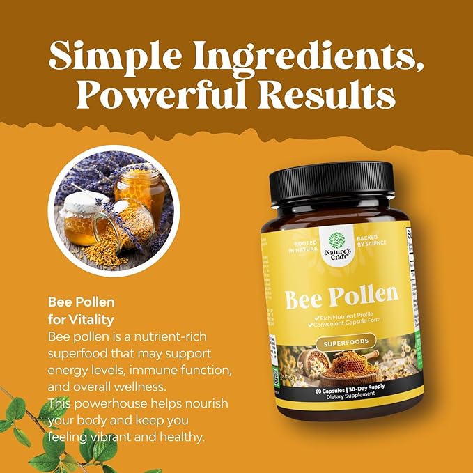 Bee Pollen Pills for Breast Growth 60 Ct - Bee Pollen Supplement 1000mg Serving with Naturally Occurring B Vitamins Minerals & Enzymes - Breast Support Supplement - Vegetarian, Non-GMO & Gluten Free