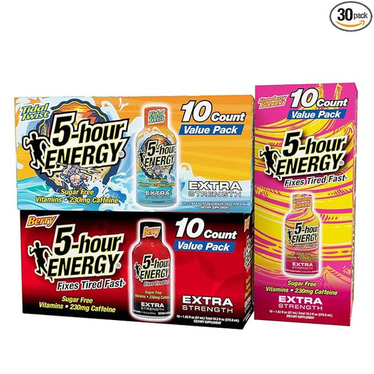 5-Hour Energy Extra Strength Shots Variety Pack, 30 Count (1.93 fl oz) - Extra Strength Berry, Tidal Twist, Strawberry Banana Flavors