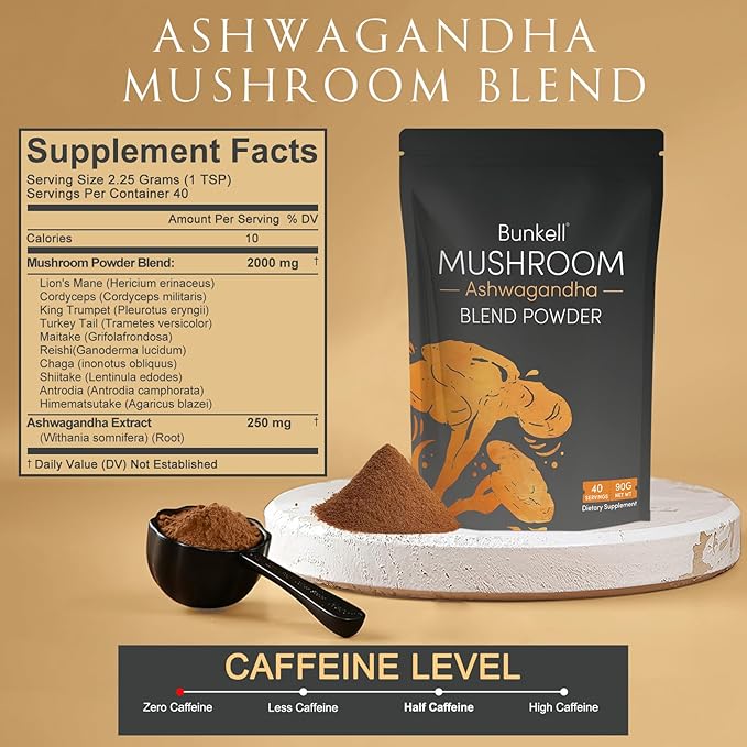 Ashwagandha Mushroom Powder, Adaptogenic 10 Mushrooms Complex w/ashwagandha - Lion's Mane, Reishi, Chaga & Maitake - Adaptogens Powder for Energy, Cognitive & Immune Support, 40 Servings