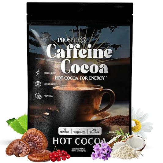 Prosper™ Caffeine Cocoa – Sugar-Free Superfood Hot Chocolate & Coffee Alternative | Vegan, Dairy-Free | Reishi Mushroom & L-Theanine for Focus & Jitter-Free Energy | High-Flavanol Cacao | 30 Servings