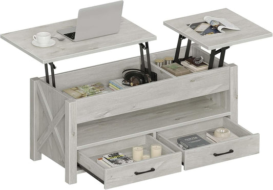 Seventable Coffee Table, 47.2" Lift Top Coffee Table with 2 Storage Drawers and Hidden Compartment, Retro Center Table with Wooden Lift Tabletop for Living Room, Gray