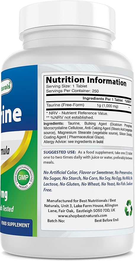 Best Naturals Taurine 1000 mg 250 Tablets - Supports Eye Health, Healthy Cellular Activity & Cardiovascular Health