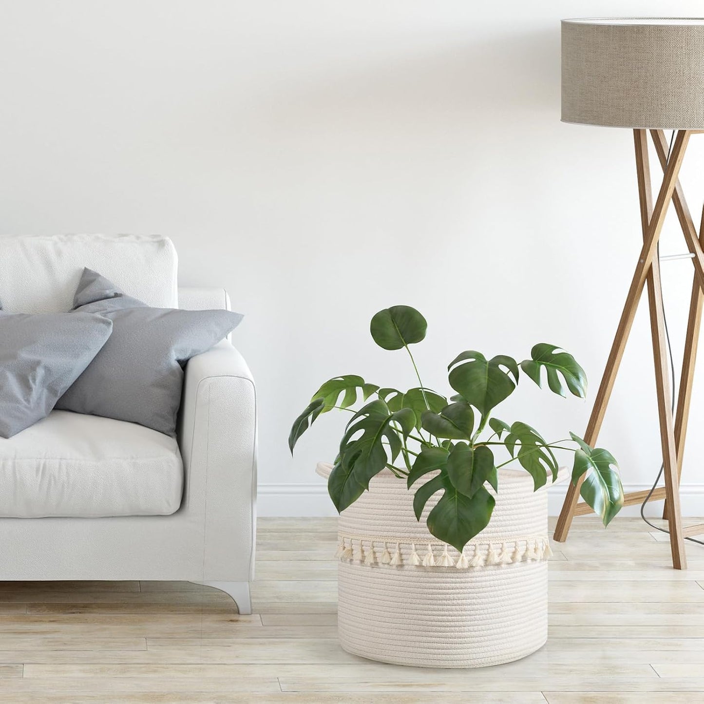 danpinera 3 Pack White Storage Baskets, 11"x11" Soft Woven Baskets for Storage and Decor in Bedroom, Nursery, Closet, Small Round Rope Baskets for Shelves, Decorative Storage Basket