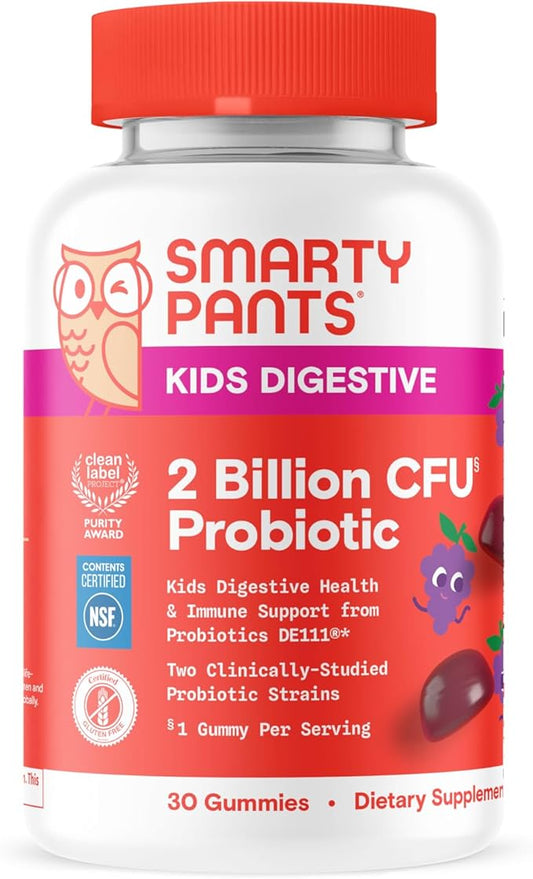 SmartyPants Kids Probiotic Gummies for Digestive Health: 2 Billion CFU Gut Health and Immune Support Supplement, Clinically Studied Probiotic, Gluten Free, Grape, 30 Count (30 Day Supply)