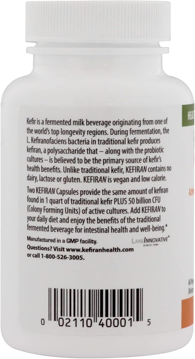 Lane Innovative - Kefiran, Vegetable Capsules, Kefir Nutrient + 50 Billion Active Probiotic Cultures, Supports Optimal Digestive Health, Gluten-Free (30 Servings)