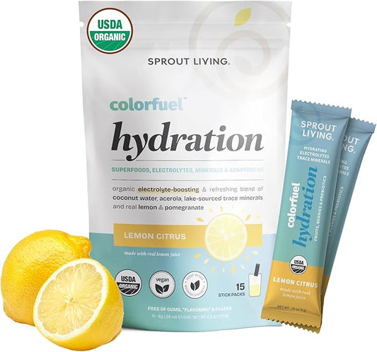 Sprout Living, Colorfuel Hydration Powder Drink Mix, Organic Superfoods + Adaptogens | Hydration & Recovery, Electrolytes, Himalayan Pink Salt, Coconut Water, Lemon Citrus Flavor (15 Stick Packs)