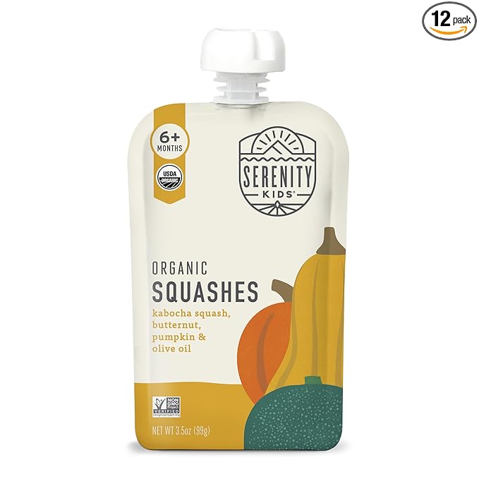 Serenity Kids 6+ Months Squash Veggie Baby Food Puree Pouches - BPA-Free & USDA Organic & Allergen Free - No Added Sugars - 3.5 Oz 12 Pack