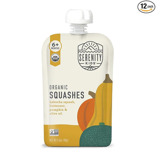Serenity Kids 6+ Months Squash Veggie Baby Food Puree Pouches - BPA-Free & USDA Organic & Allergen Free - No Added Sugars - 3.5 Oz 12 Pack