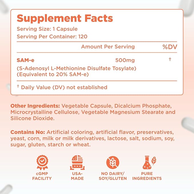 Bioactive SAM-e 500mg - High Strength SAM-e Supplement with Biologically Active S,S Form for Liver and Mood Support - Vegan Non-GMO Preservative Free - Made in The US (120 Servings)