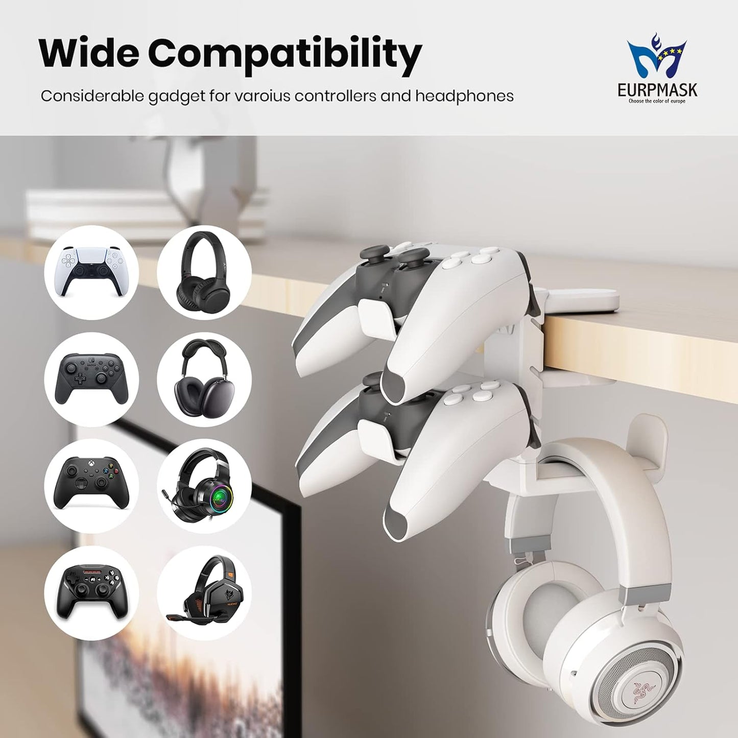 3-in-1 PC Gaming Headset&Controller Holder - EURPMASK Headphone Stand w/Adjustable Clamp&2 Controller Holder&Rotating Arm&Cable Organizer, Universal PC Gaming Accessory Controller Headset Stand-White