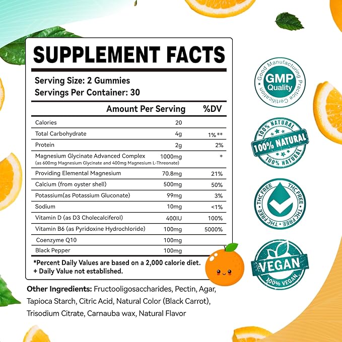 Magnesium Glycinate Gummies 1000mg - Sugar Free Magnesium Potassium Supplement with Vitamin D, B6, CoQ10 for Calm Mood & Sleep Support - 60 Orange Gummies