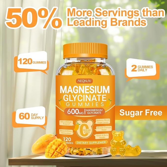 Magnesium Glycinate Gummies 600mg, Chewable Sugar Free Potassium Gummies with Magnesium Glycinate, Vitamin D, B6 and CoQ10 for Sleep, Relaxation, Brain & Muscle, 2 Pack