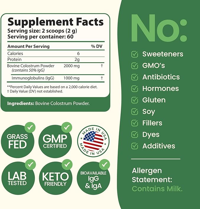 Super Colostrum Grass Fed Bovine Colostrum Powder for Bloating, Immune, Energy, Gut Health Hair, Skin and Nails Colostrum Supplement | 50% IgG Cow Colostrum for Humans | Superfood for Women and Men