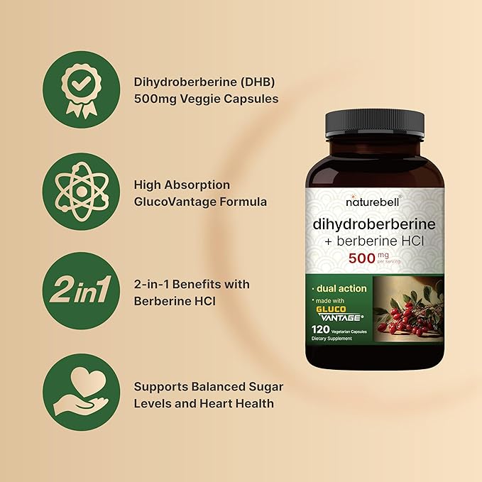 NatureBell Dihydroberberine with Berberine HCl 500mg, 120 Veggie Capsules | 5X Better Absorbed with GlucoVantage | Supports Balanced Sugar Levels & Heart Health | Vegan, Non-GMO