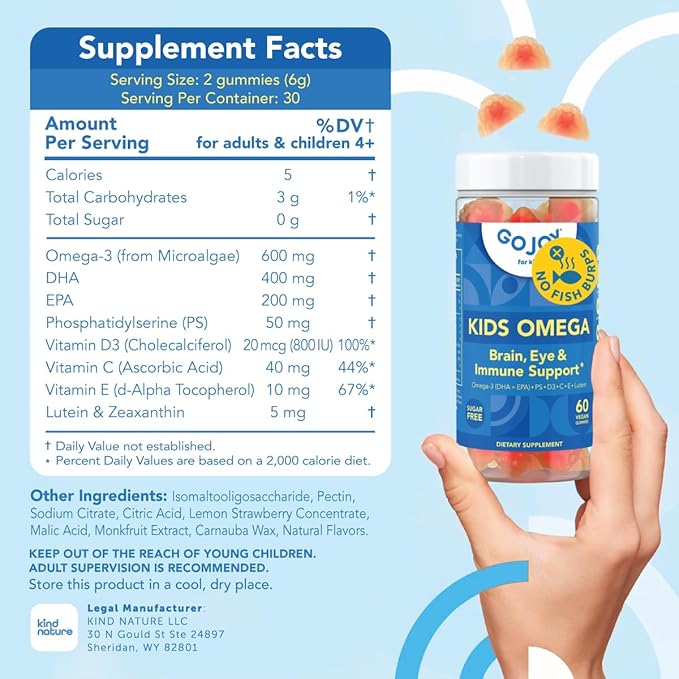 GOJOY Kids Omega 3 DHA Gummies – No Fish Burps, No Sugar – Brain, Eye & Immune Support – Plant-Based Omega-3 from Algae – Vegan, Clean DHA for Toddlers, Children & Kids Ages 3+