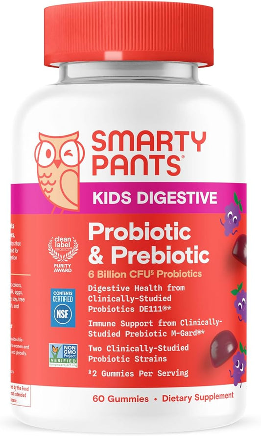 SmartyPants Kids Probiotic & Prebiotic Gummies for Digestive Health: Gut Health Supplement, Clinically Studied Prebiotic for Immune Support, Grape, 60 Count (30 Day Supply)