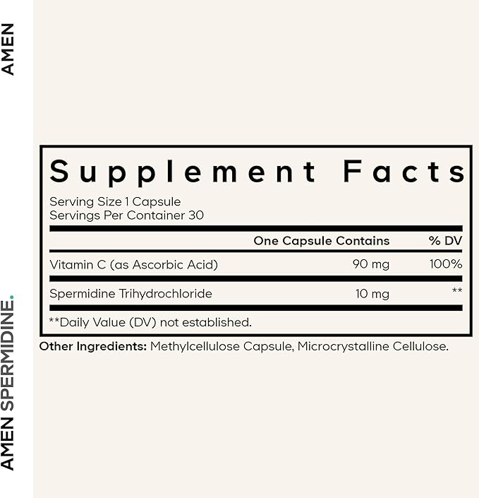 Amen Spermidine Supplement - Spermidine Trihydrochloride Pills with Vitamin C Ascorbic Acid - Only 1 Capsule Per Serving - Vegan, Non-GMO, Gluten-Free - 30 Capsules