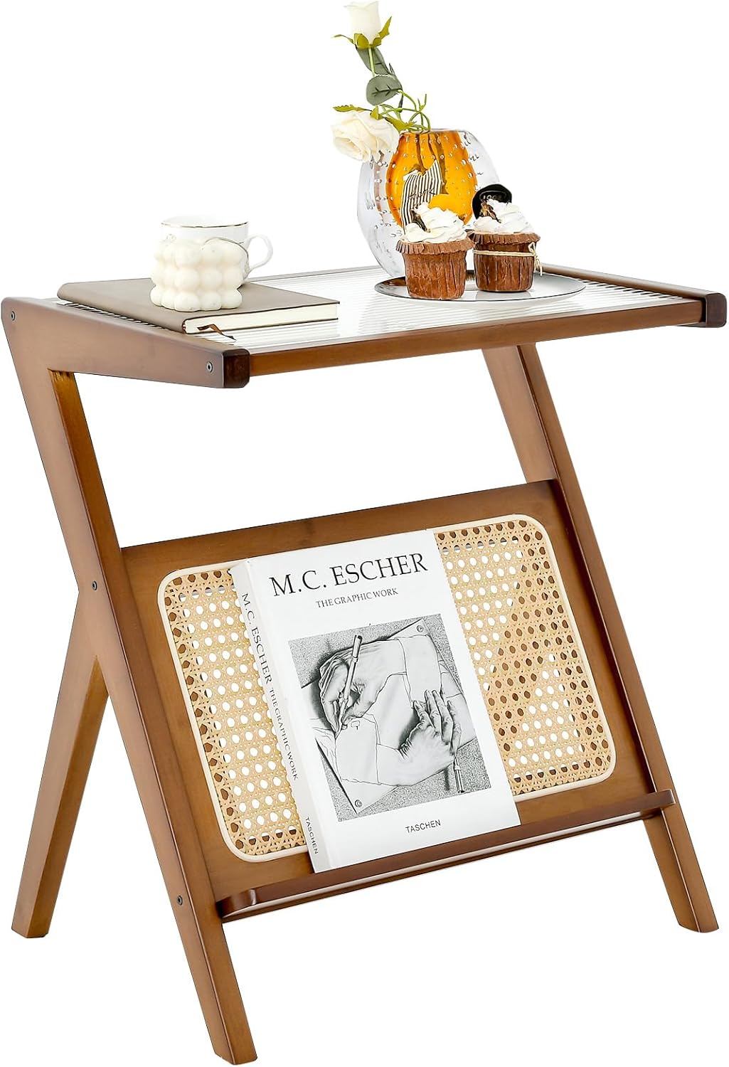 GOFLAME Rattan Side Table, Z-Shaped End Table with Tempered Glass Top, Magazine Rack, Boho Night Stand, Small Coffee Table, Bamboo Accent Bedside Table for Living Room, Bedroom, Walnut