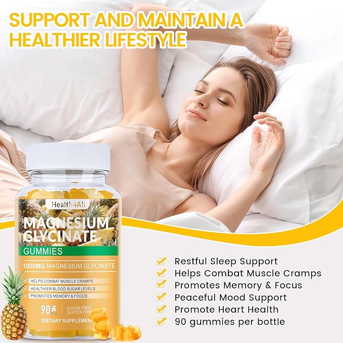 Magnesium Glycinate Gummies 1000mg, High Absorption Sugar Free Magnesium Potassium Supplement for Relaxation, Stress Relief, and Sleep Support for Adults & Kids - 90 Pineapple Gummies