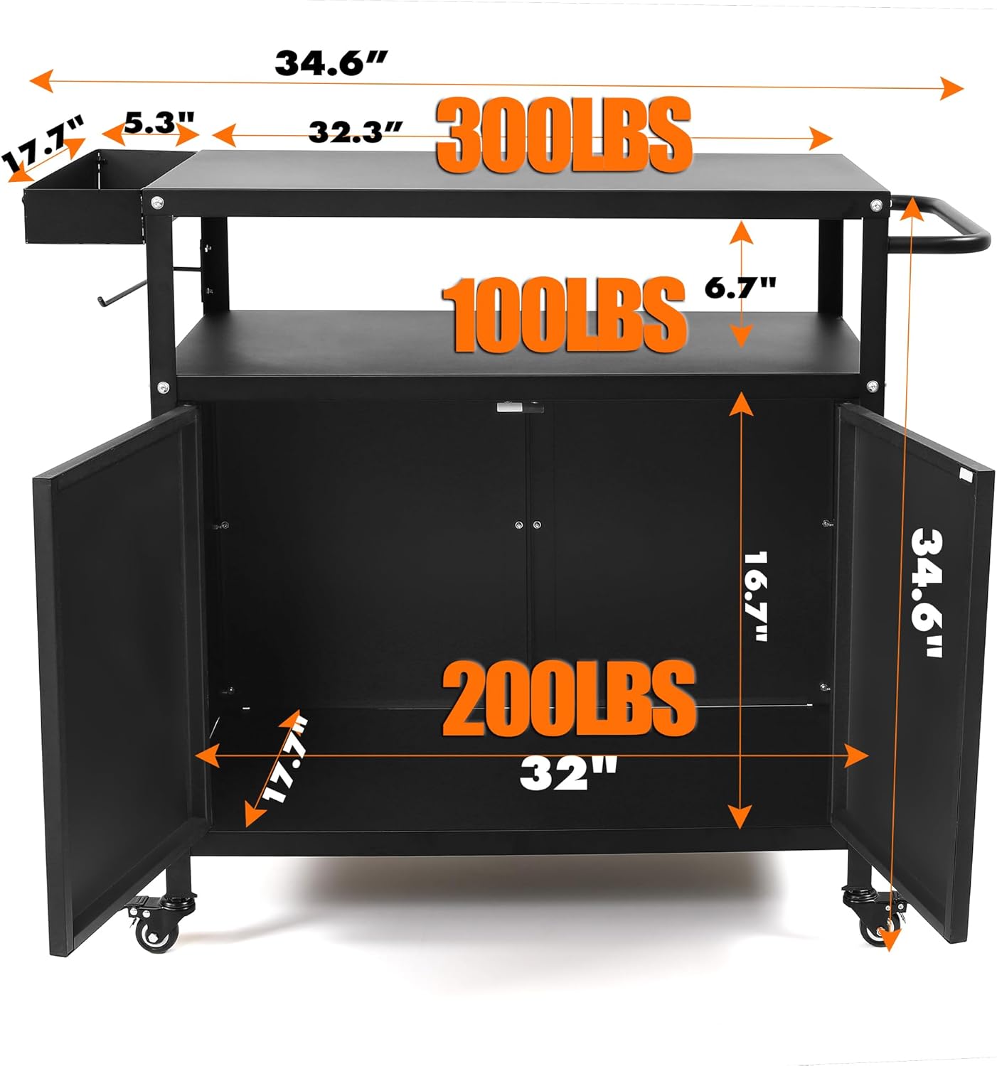 Grill Cart with Storage, Outdoor Bar Cart Rolling BBQ Cart Movable Pizza Oven Table Stand with Foldable Stainless Steel Top & Storage Cabinet, Black（34.6 x 17.7 x 34.6 Inch）