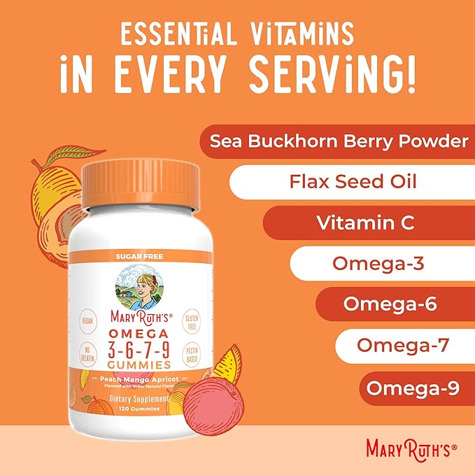 MaryRuth Organics Vegan Omega 3 6 7 9 Gummies | Up to 4 Month Supply | Omega 3 Supplement with Flaxseed Oil | Omega 3 Gummies | No Fish Taste | Non-GMO | 120 Count