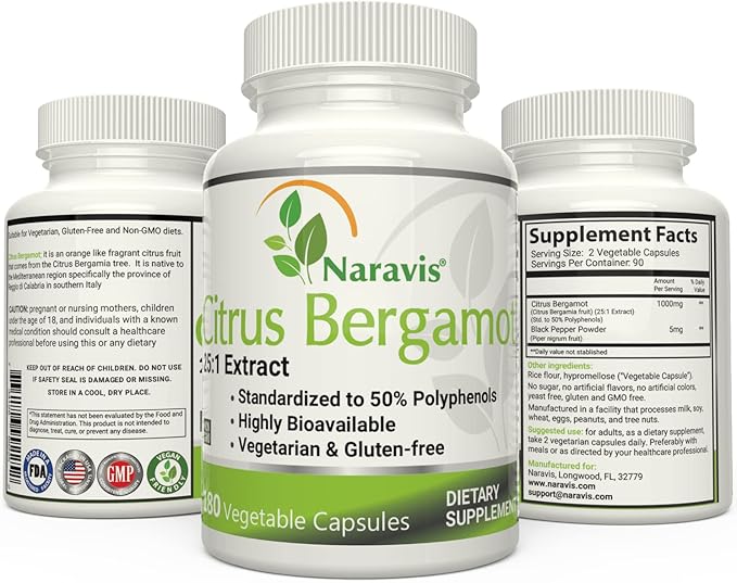 Citrus Bergamot Extract - 180 Capsules - 25:1 Extract - 50% Polyphenols - Black Pepper for Enhanced Absorption - Cholesterol lowering Supplements - Polyphenols Supplement