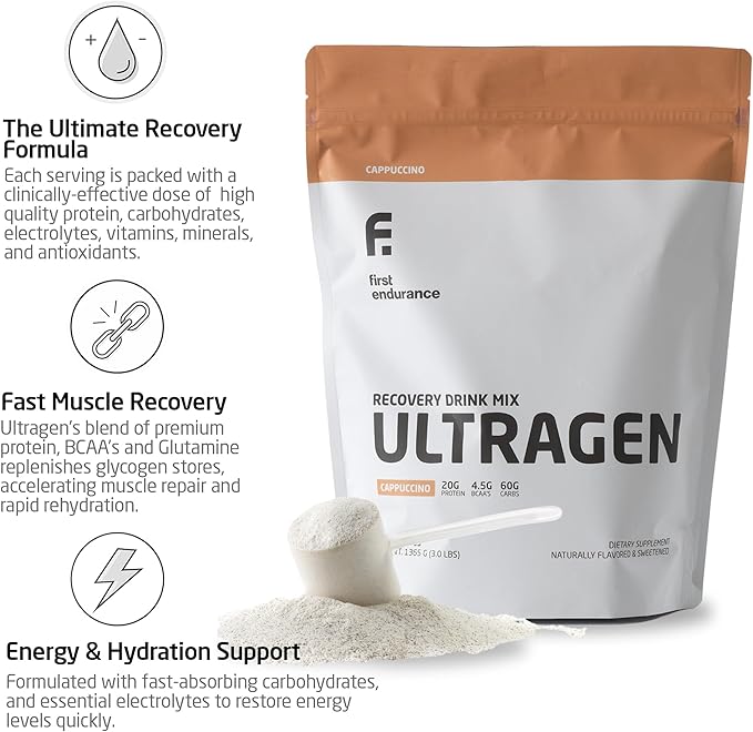 FIRST ENDURANCE Ultragen Workout Recovery Drink Powder, Protein Mix, Boosts Energy, Accelerates Recovery | Cappuccino, 15 Servings