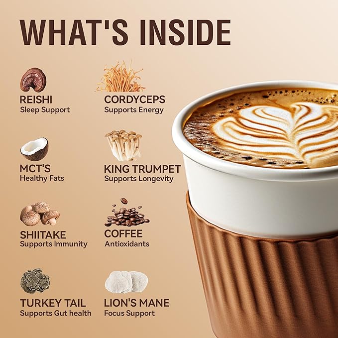 Organic with 6 Adaptogenic Mushrooms and MCT Oil Mushroom Coffee for Better Energy Focus Digestion Immunity with Turkey Tail Shiitake and Lion's Mane 33 Servings
