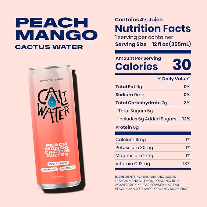 Caliwater - Organic Cactus Water - Peach Mango - 6g Sugar, 30 Calories - Coconut Water Alternative - Natural Plant Based Hydration - Skin Care, Electrolyte Drinks - Flavored Water - 12 Cans
