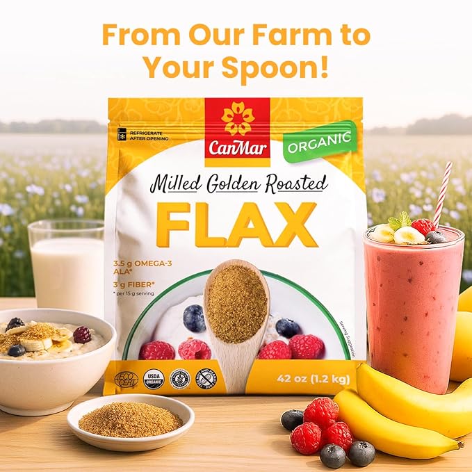CanMar Ground Milled Golden Roasted Organic Flaxseed, 42 oz – Vegan, Non-GMO, Gluten Free – Flaxseed Meal with Omega-3, Fiber – Ground Organic Linseed Powder