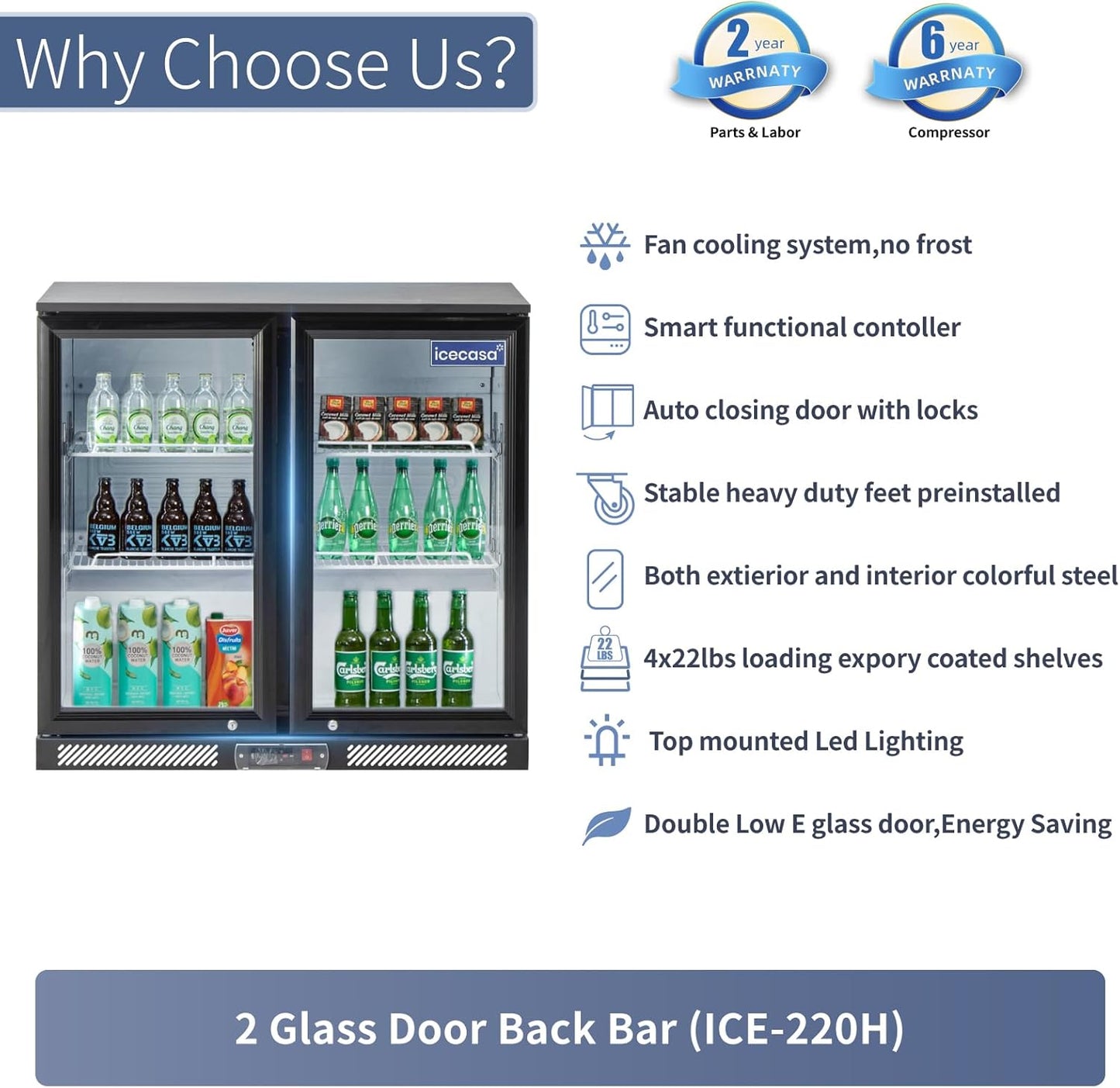 ICECASA 36" W Beverage Refrigerators 2 Glass Door Back Bar Refrigerator Commericial Undercounter cooler Wine Merchandiser 7.8 Cu.ft for Soda Beer