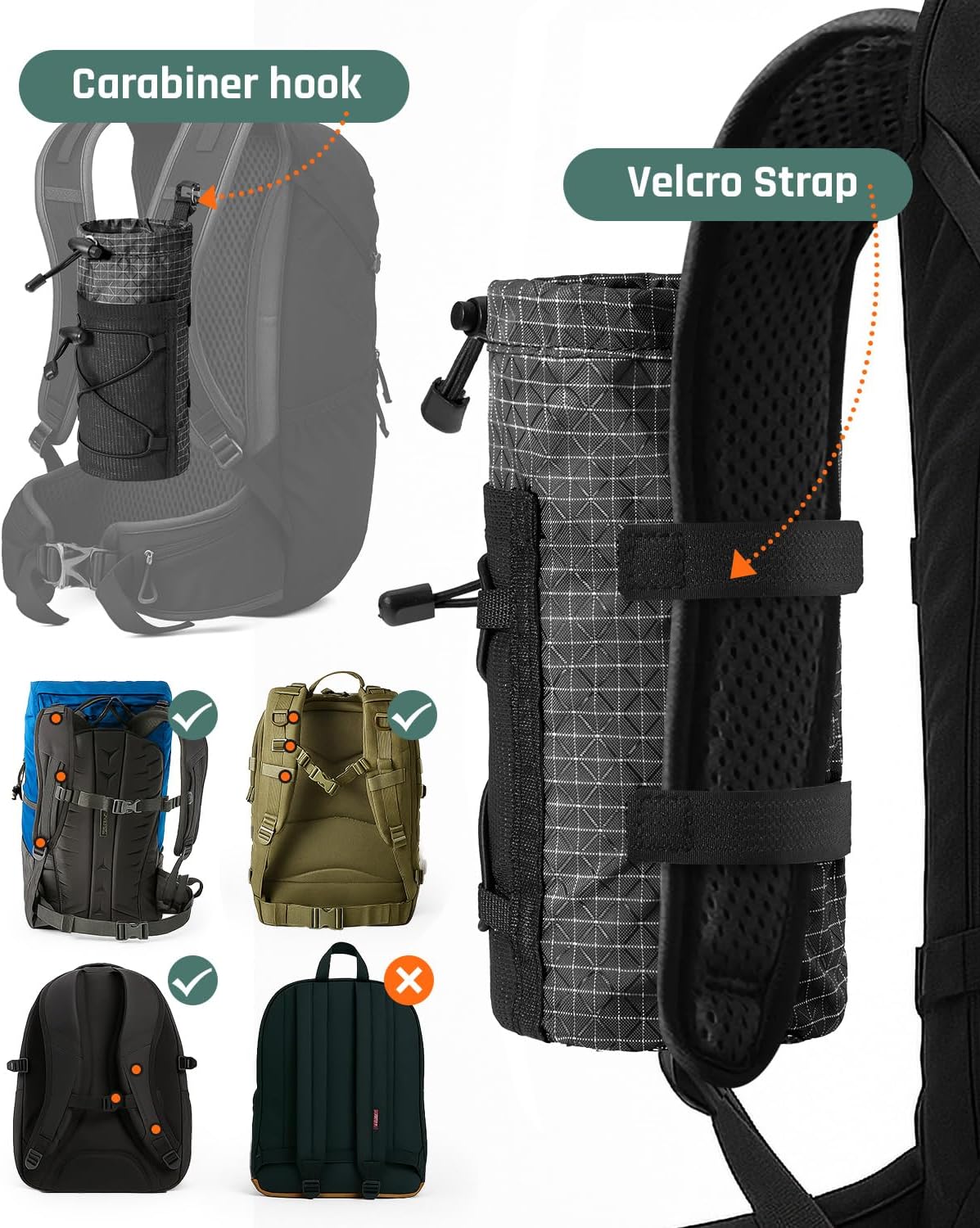 Large Water Bottle Holder Pouch Bag, Backpack Water Bottle Holder Mesh Bag Carrier Fits for 10-48oz Bottles, Heavy-Duty Water Bottles Holder Accessories for Hiking, Sports, Travel, Outdoor