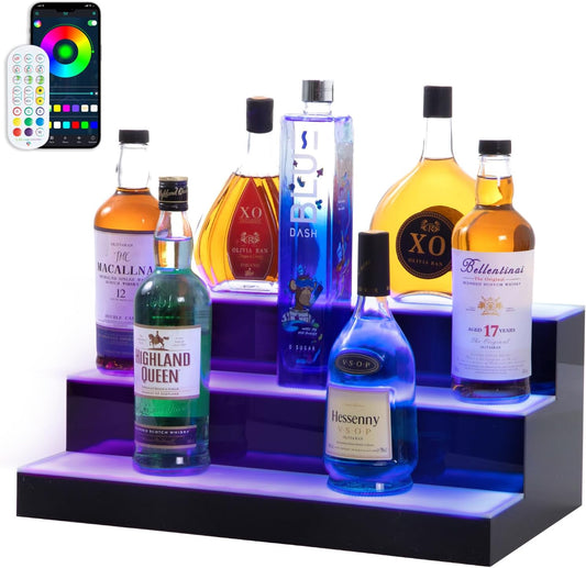 Led Lighted Liquor Bottle Display Shelf, 20 Inch 3 Tier Whiskey Rack, Support USB, Bar Stand with RF Remote & App Control, Illuminated Acrylic Lighting Shelves for 18 Bottles, Home Bar, Party