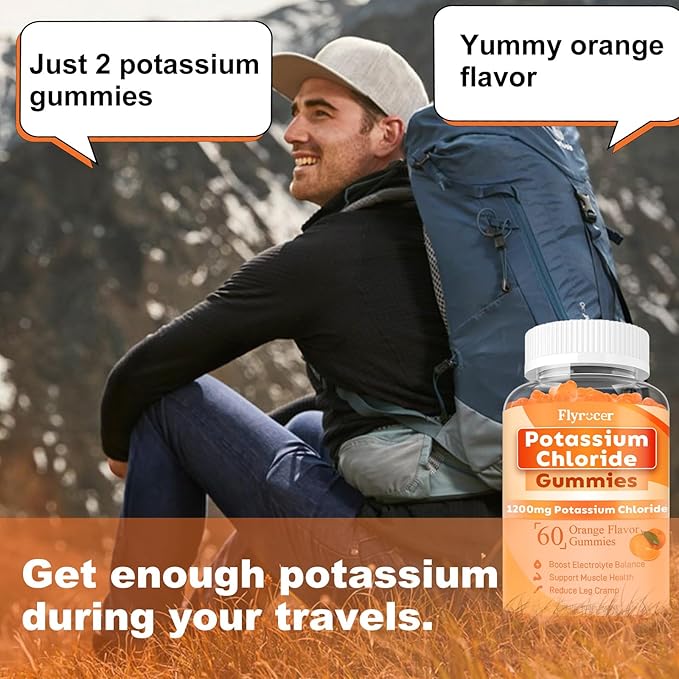 Potassium Gummies, Potassium Chloride 1200mg for Adults, Sugar-Free Potassium Supplement Gummies Support Electrolyte Balance & Leg Cramps for Women & Men, Orange Flavor, Vegan, 60 Count