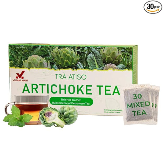 VUONGMART Artichoke Flower Tea, 100% Hand Pick, Stevia, Ming Aralia, Organic Herbal Tea, 30 Tea Bags, Gluten Free, Dairy Free, Sugar Free & Natural, Energy Boost & Health Support