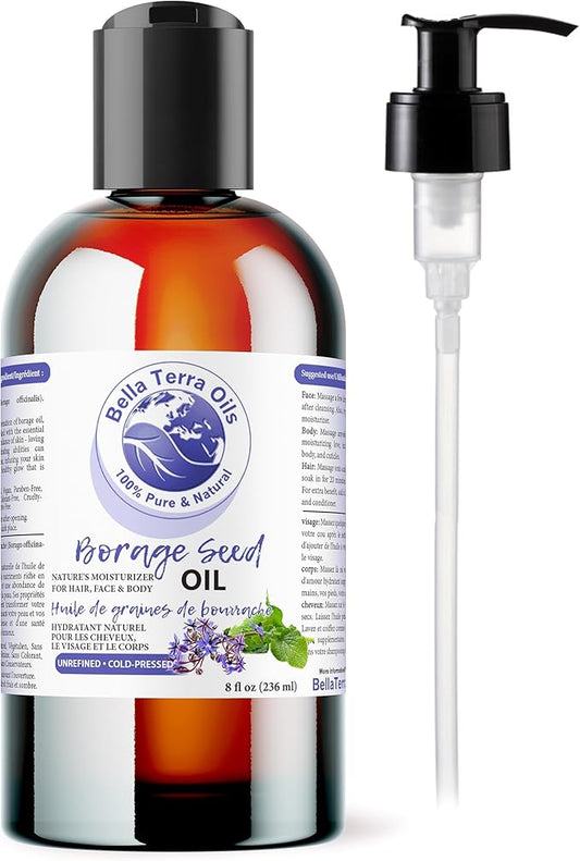 Bella Terra Oils - Organic Borage Seed Oil 8 oz - Cold-Pressed from Organic Borage Seeds, Overflowing with Vitamin E & Omega Fatty Acids, an Elixir of Youth & Beauty