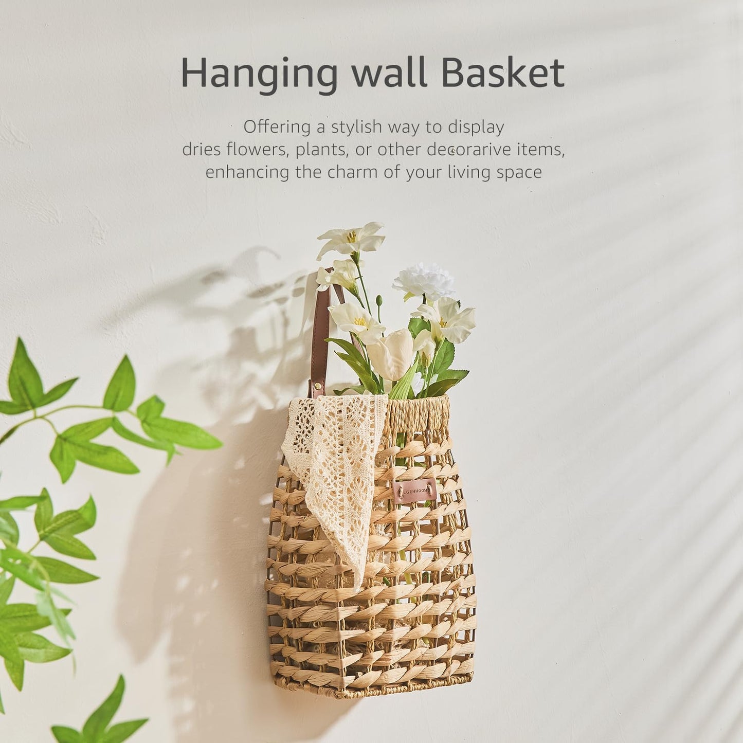 Woven Front Door Basket Water Hyacinth Wall Hanging Basket Decorative Boho Mounted Organizer for Dried Flower Plants Storage Basket for Garden, Home, and Farmhouse Décor (C_Hyacinth)