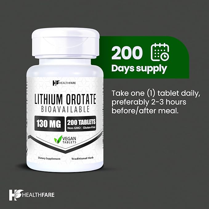 Lithium Orotate 130mg | 200 Veg Tablets | High Bioavailability | Gluten-Free | Non-GMO