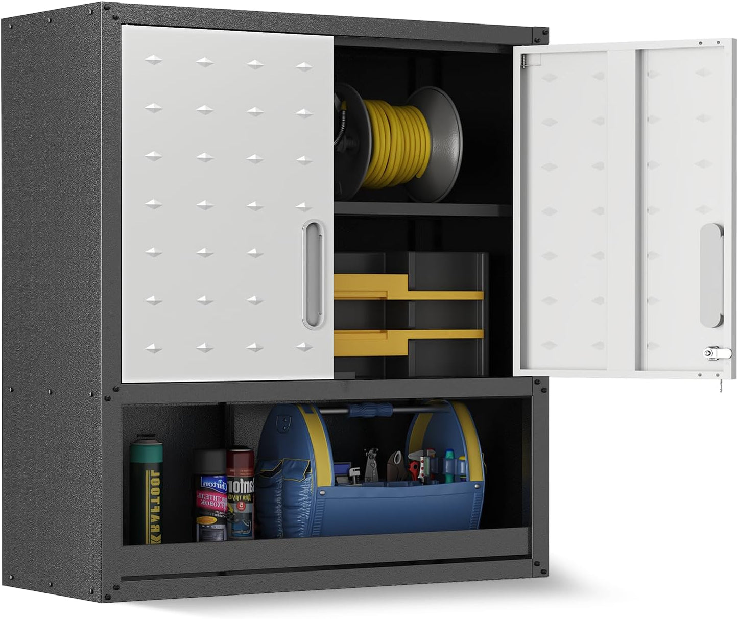 Metal Wall Cabinet, Garage Wall Cabinet with Adjustable Shelf for Garage, Tool Room, Kitchen, Assembly Required(Black and Gray)