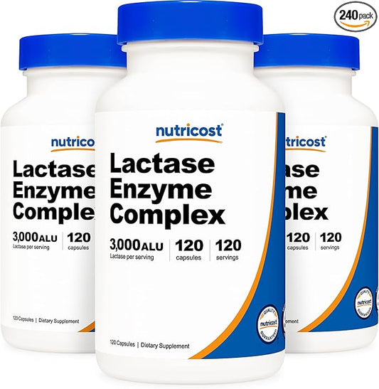 Nutricost Lactase Enzyme Complex 3,000 FCC ALU, 120 Veggie Capsules - Non-GMO, Gluten Free, 120 Servings (3 Bottles)