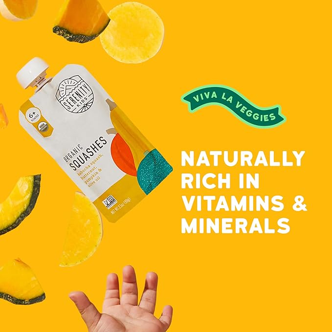 Serenity Kids 6+ Months Squash Veggie Baby Food Puree Pouches - BPA-Free & USDA Organic & Allergen Free - No Added Sugars - 3.5 Oz 12 Pack