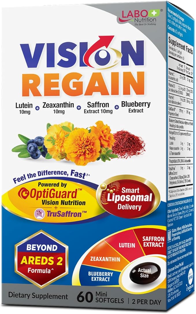 LABO Nutrition VisionREGAIN, Eye Vitamin Beyond AREDS 2 Formula with Lutein, Zeaxanthin, Saffron Extract, Blueberry for Macular and Retinal Health, Eye Fatigue, Night Vision Support 60 Counts