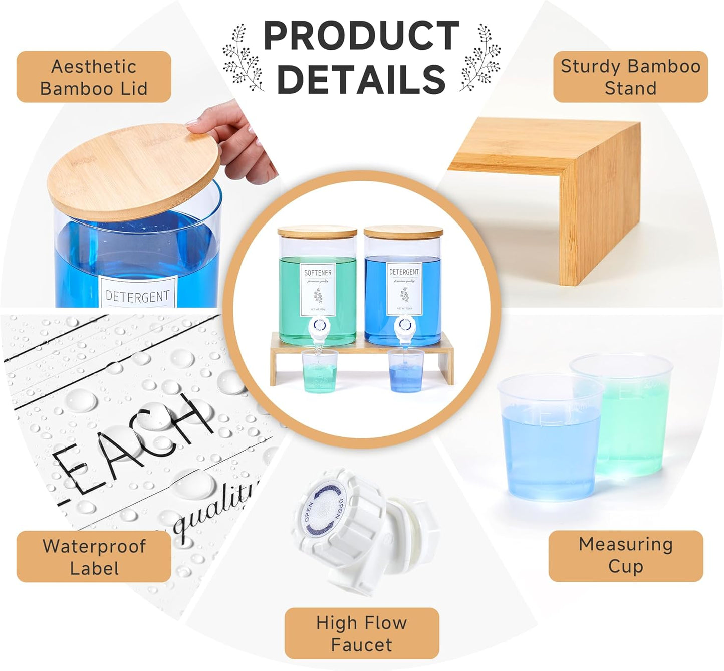 Glass Laundry Detergent Dispenser with Shelf & Bamboo Lid - 120 Oz Liquid Detergent, Laundry Soap & Fabric Softener Dispenser for Laundry Room Organization and Storage with 2 Cups & 8 Labels