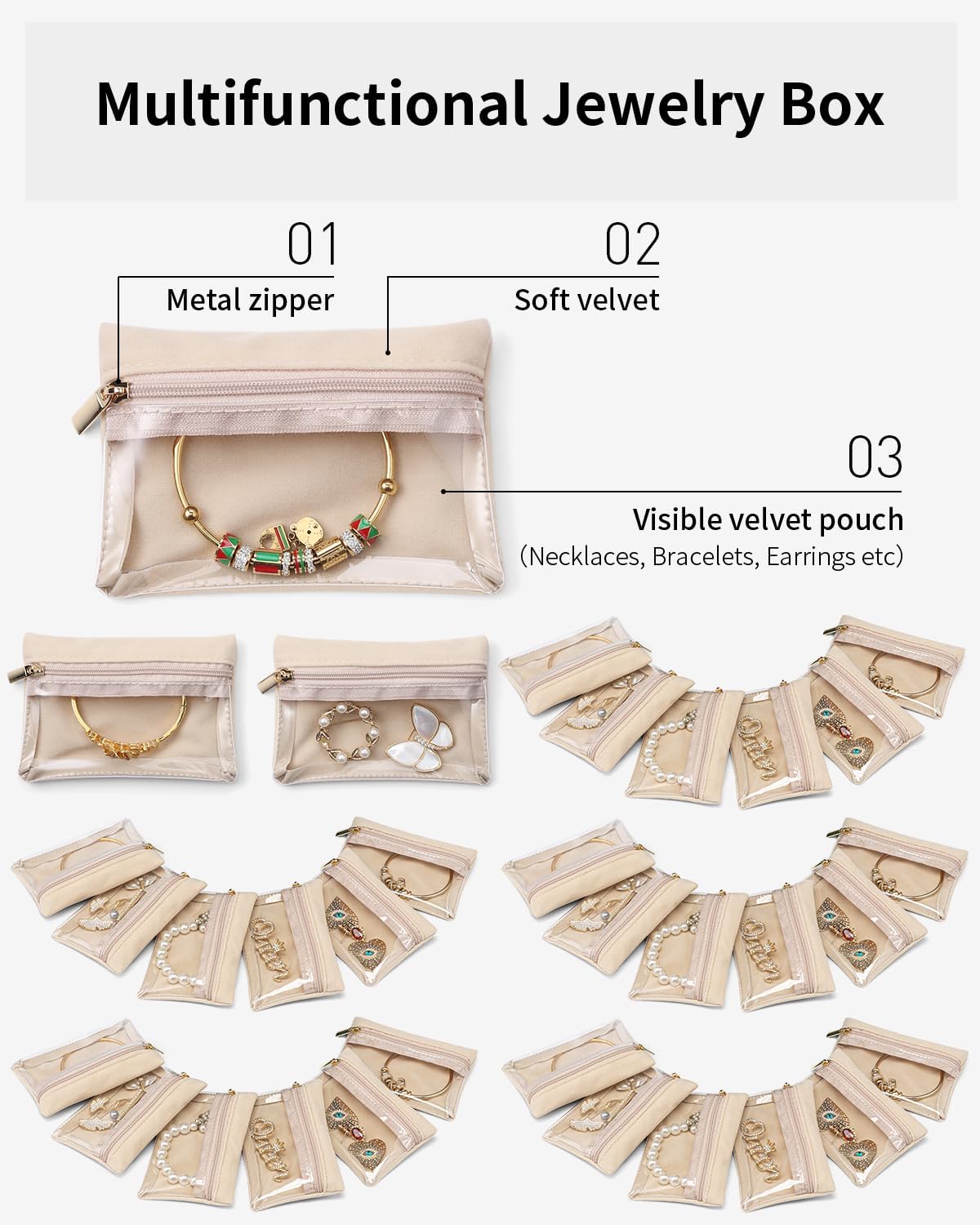 Vlando 33 Pcs Travel Jewelry Case Velvet Jewelry Pouch with Zipper Clear Travel Jewelry Bag Jewelry Travel Organizer for Travel Business Trip Mother's Day Gifts for Mom Wife Women