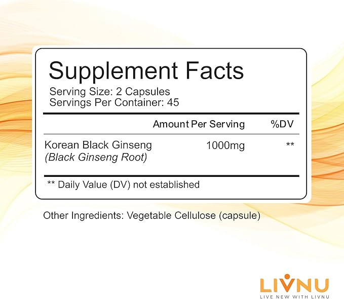 LivNu | Premium Korean Black Panax Ginseng | High Ginsenosides for Energy, Focus, Performance, Stamina, and Immune Support | Vegan Pills