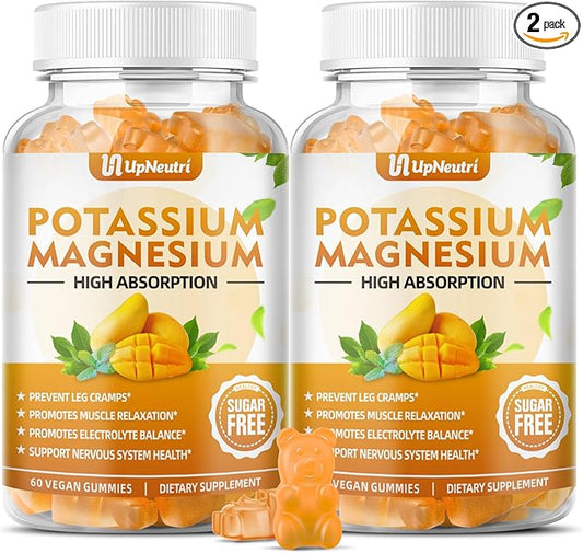 Potassium Magnesium Supplement for Adults Kids, Sugar-Free Potassium Gummies Supports Leg Cramps & Muscle & Immune Health, Non-GMO Vegan Magnesium Glycinate Gummies Mango Flavor 120 Count