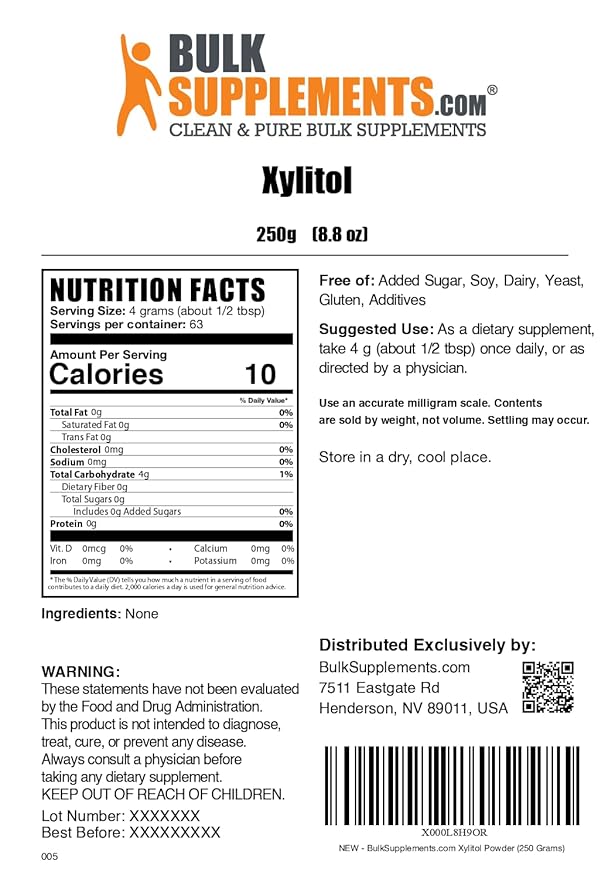 BulkSupplements.com Xylitol Powder - Xylitol Sweetener, Sugar Substitute For Baking & Cooking - Low Calorie & Gluten Free, 4g per Servings, 250g (8.8 oz) (Pack of 1)