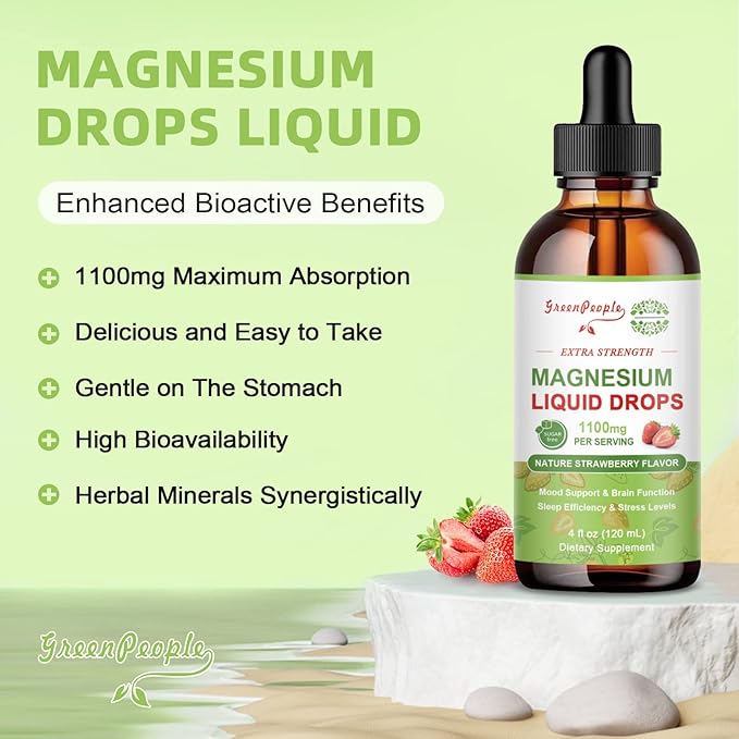Magnesium Glycinate Liquid Drop - 17-in-1 4Fl. Oz Triple Magnesium Complex Supplement with Glycinate 400mg & Citrate 500mg Taurate/L-Theanine for Calm Mood/Muscle/Sleep,Strawberry Flavor